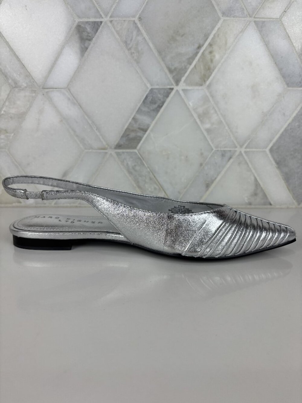 7.5M Marc Fisher Dalatee Silver Ruched Gathered Pointed Toe Slingback Flat Shoe - Picture 6 of 14